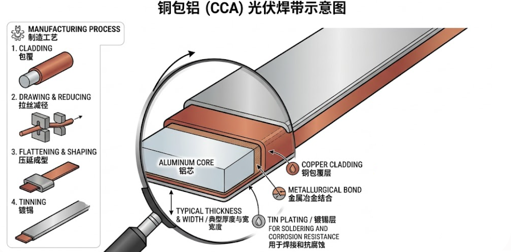 图1 铜包铝(CCA)光伏焊带结构与制造工艺示意