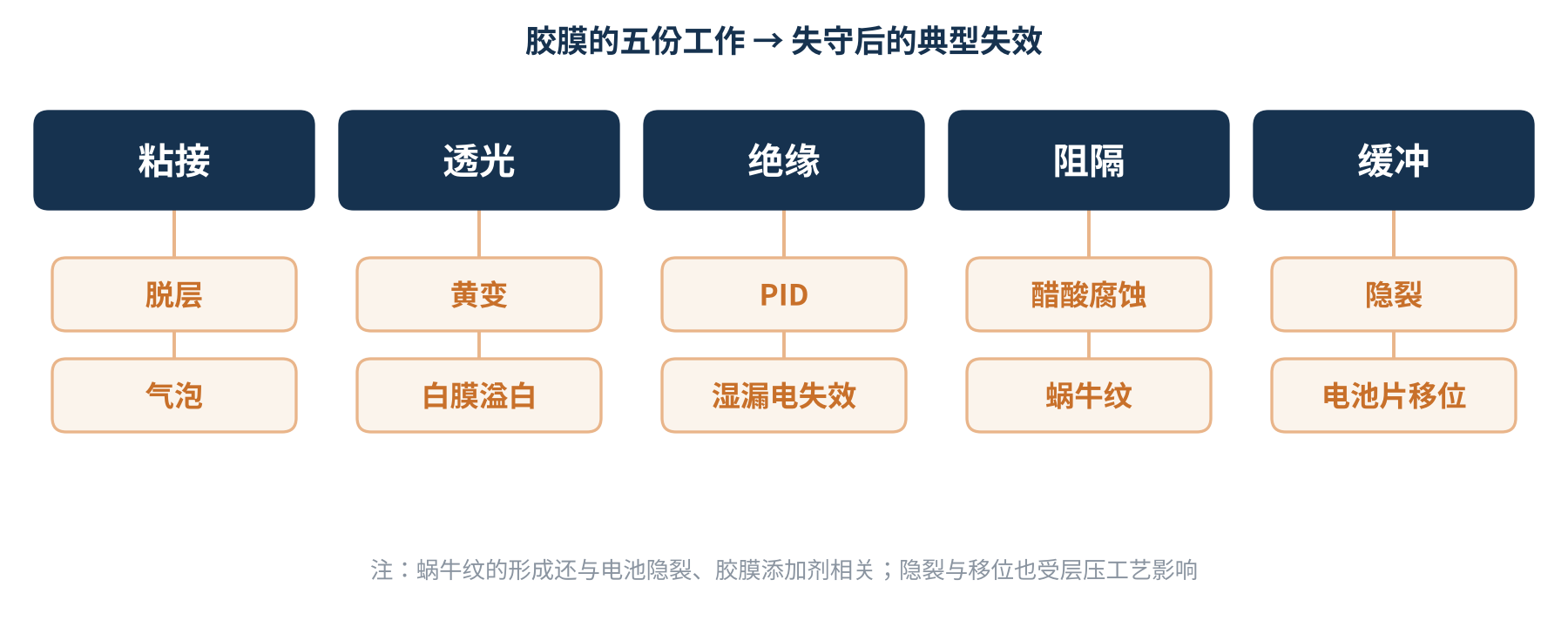 图1 胶膜五份工作与典型失效的对应关系
