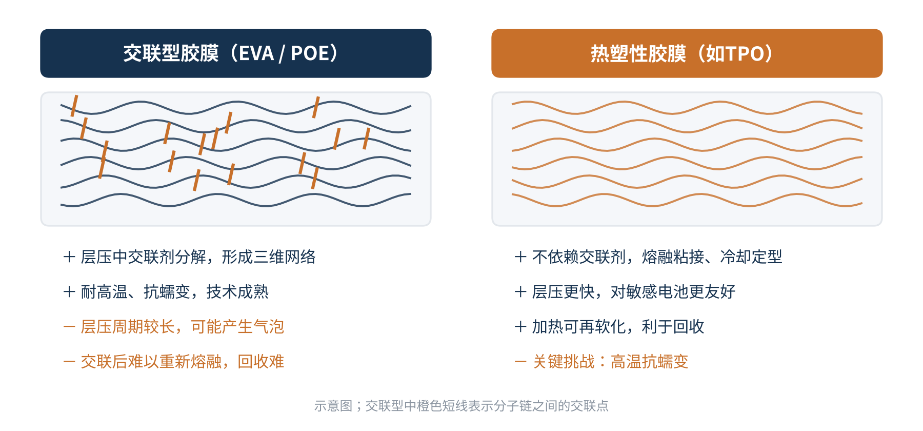 图2　交联型胶膜与热塑性胶膜的对比（示意）