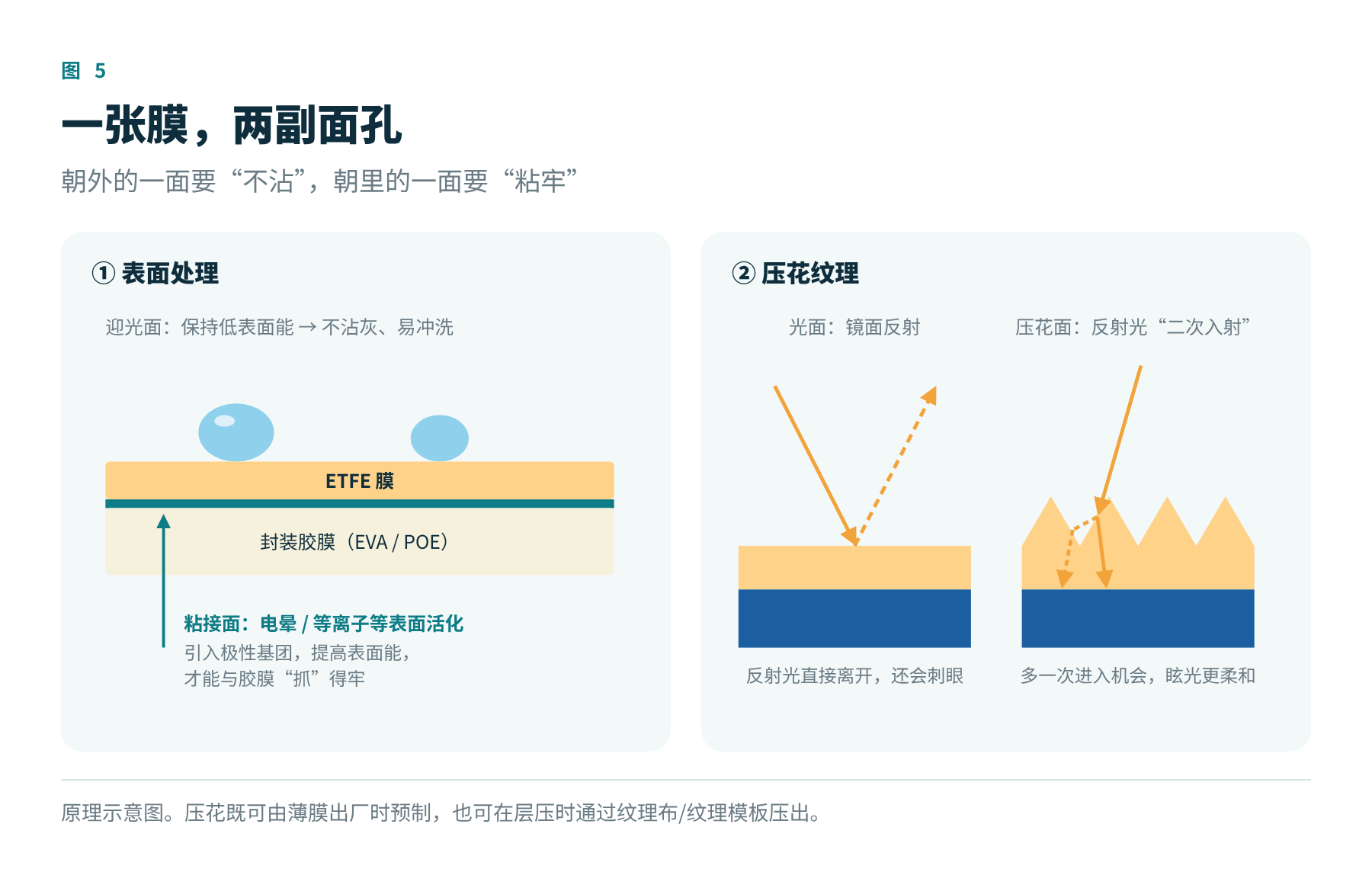 图5　ETFE 膜的表面处理与压花纹理原理（示意）