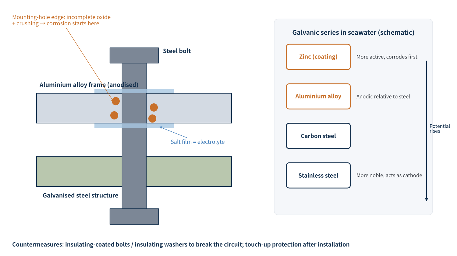 Figure 3 Galvanic corrosion at the aluminium frame / steel bolt / galvanised structure joint