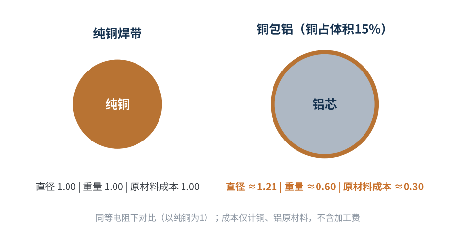 图4 铜包铝与纯铜焊带在同等电阻下的对比